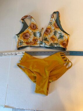 Sunflower Print Bikini Set - Yellow Floral Top & Mustard Bottoms